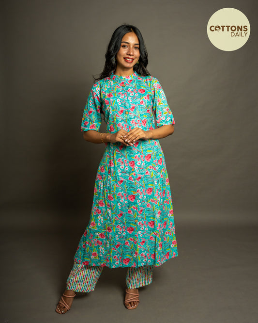 Blue Floral A-Line Cotton Kurta Set