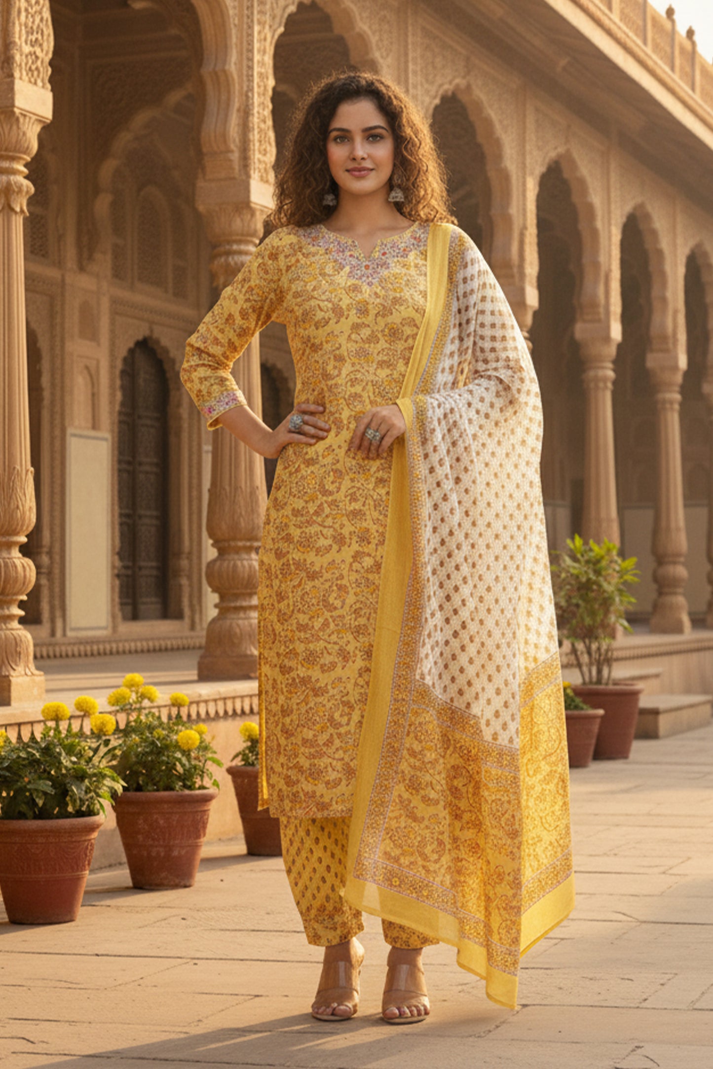 Classic Yellow Flower Printed Afghani Cotton Suit